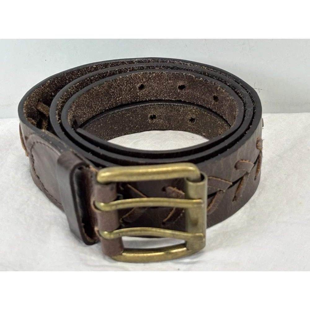 Unbranded Brown Leather Whipstitch Belt Adult M Double Brass Prong Boho Western